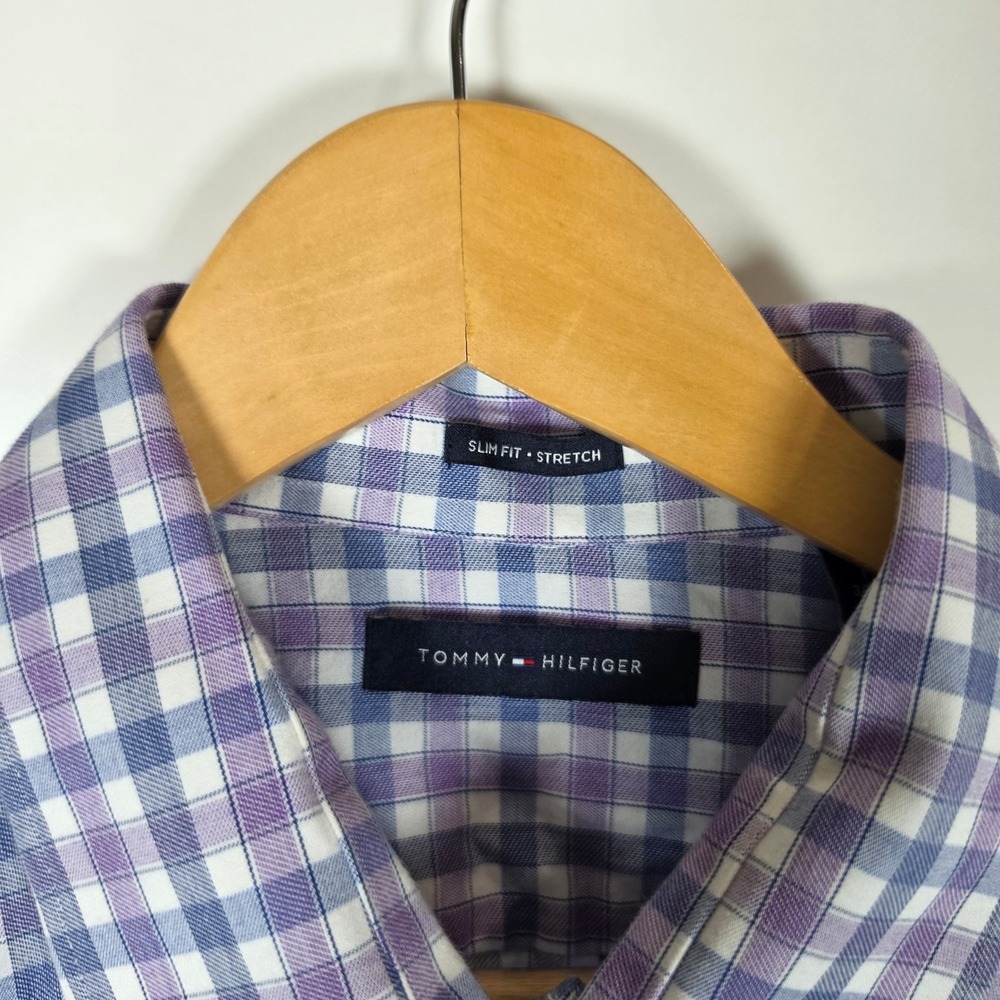 Tommy Hilfiger Mens Slim Fit Stretch Gingham Button Down Shirt Purple Blue XL 17 - Picture 2 of 8